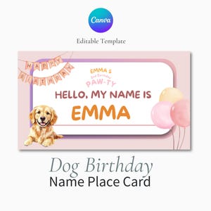 Tarjeta de lugar con nombre editable para cumpleaños de perro, tarjeta de lugar para fiesta de cumpleaños de cachorro, plantilla de Canva para tarjeta de fiesta de perro, tarjeta de lugar para fiesta de cumpleaños de perro