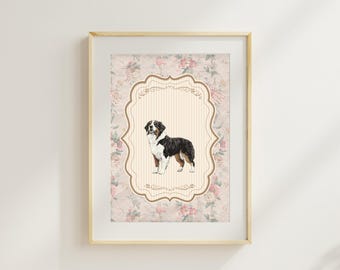 Bernese Mountain Dog Vintage Floral Print: Nursery Wall Art (Digital Download)