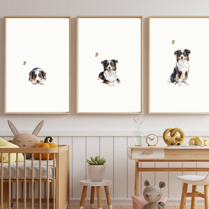 May include: Three watercolor paintings of an Australian Shepherd dog. The dog is shown in three different poses: lying down, sitting, and standing. Each painting features a small butterfly.