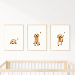 Impresión de cachorro Golden Doodle para guardería, arte de pared para perro, impresión para habitación infantil, arte de pared imprimible, juego de 3, regalo para amantes de los perros