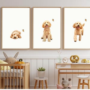 May include: Three framed prints of a golden doodle dog. The dog is shown in three different poses: sleeping, sitting, and running. Each print features a small yellow butterfly.