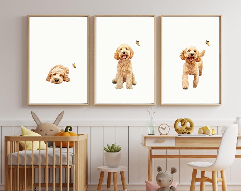 May include: Three framed prints of a golden doodle dog. The dog is shown in three different poses: sleeping, sitting, and running. Each print features a small yellow butterfly.