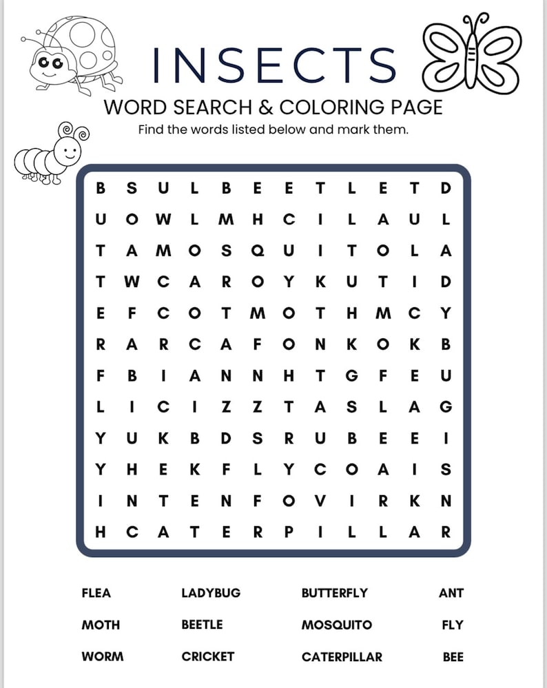 Kids Word Search, Coloring Page, Instant Download, Printable Download