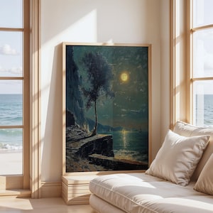 Moonlit Seascape Wall Art, Ocean Cliff Print with Sailboats, Full Moon Coastal Scene, Digital Nautical Landscape Download