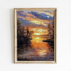 Sunset Over Lake Digital Art Print | Tranquil Nature Scene | Sunset Landscape Printable | Instant Download Home Decor