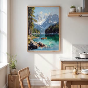 Alpine Lake Rowboat Print, Mountain Landscape Wall Art, Nature Digital Painting, Cabin Decor, Forest River Scene, Instant Download