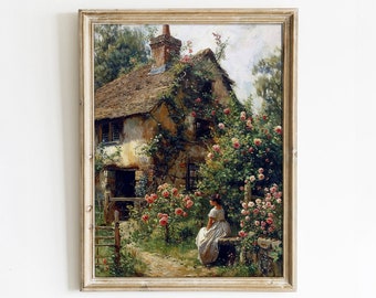 Charming Cottage Garden Digital Art Print | Tranquil Countryside Scene | Rustic Home Decor | Instant Download Printable Art