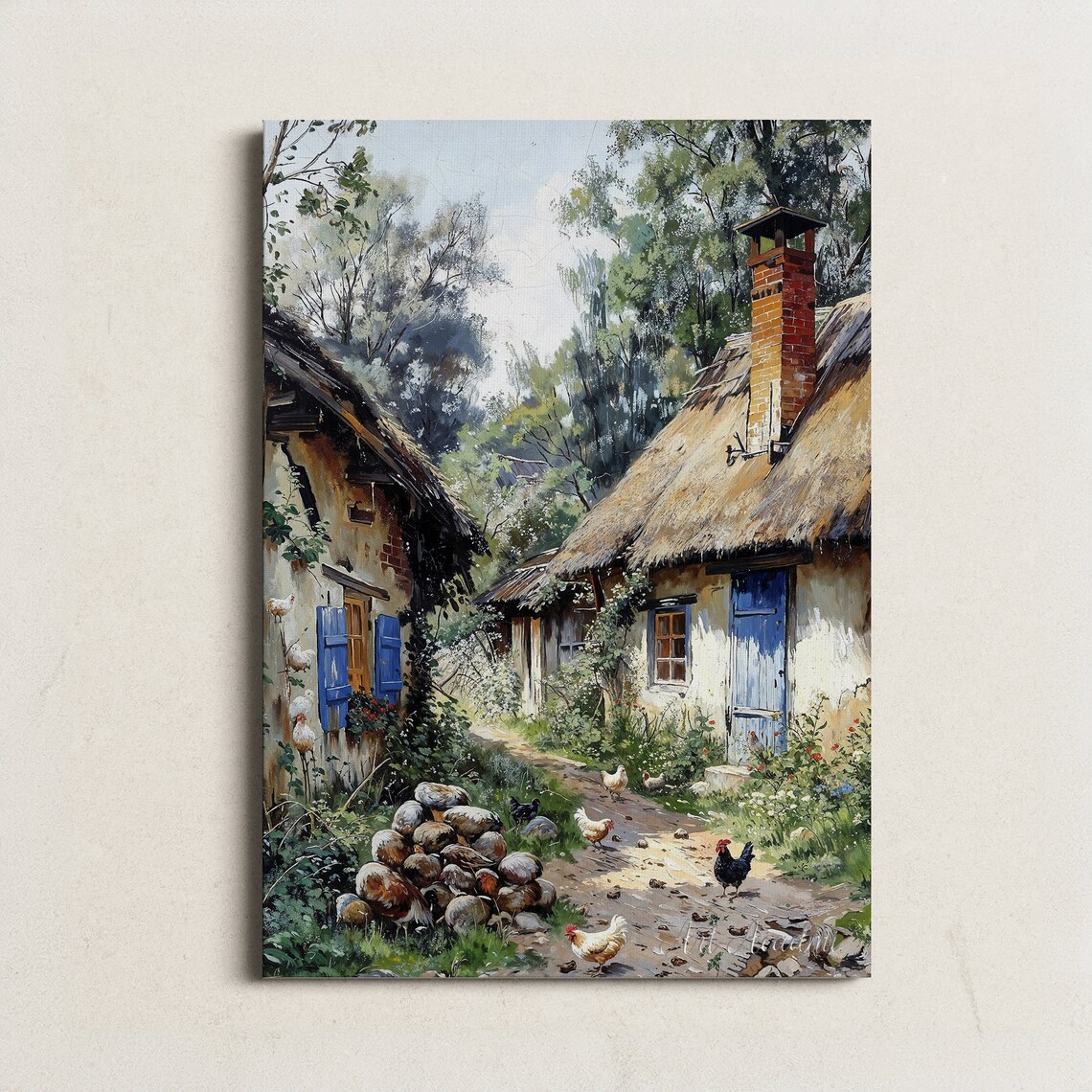 Rustic Village With Chickens and Blue Shutters Countryside Printable ...
