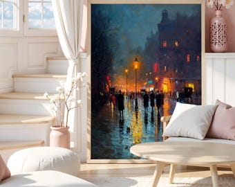 Impresión vintage de paisaje urbano nocturno, arte mural callejero lluvioso, decoración impresionista con lámpara brillante, escena callejera victoriana, obra de arte urbana melancólica