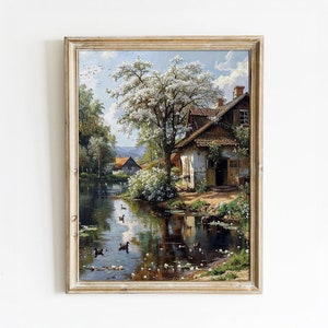 May include: A painting of a quaint cottage with a white exterior and a brown roof, nestled beside a pond with ducks swimming in the water. The cottage is surrounded by lush greenery and a blooming tree with white flowers.