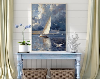 Sailboat Wall Art, Nautical Seascape Printable, Coastal Ocean Boat Scene, Maritime Digital Download, Blue Beach House Decor