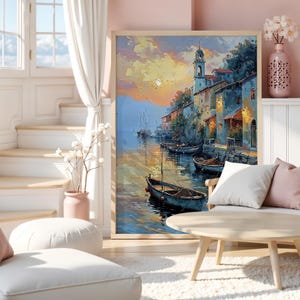 Mediterranean Harbor Wall Art, Sunset Boat Scene Print, Coastal Village Painting, Digital Seaside Landscape, Rustic Waterfront Decor