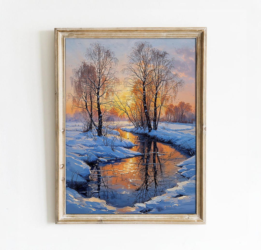 Golden Winter Sunset With Snowy Stream and Bare Trees - Serene ...