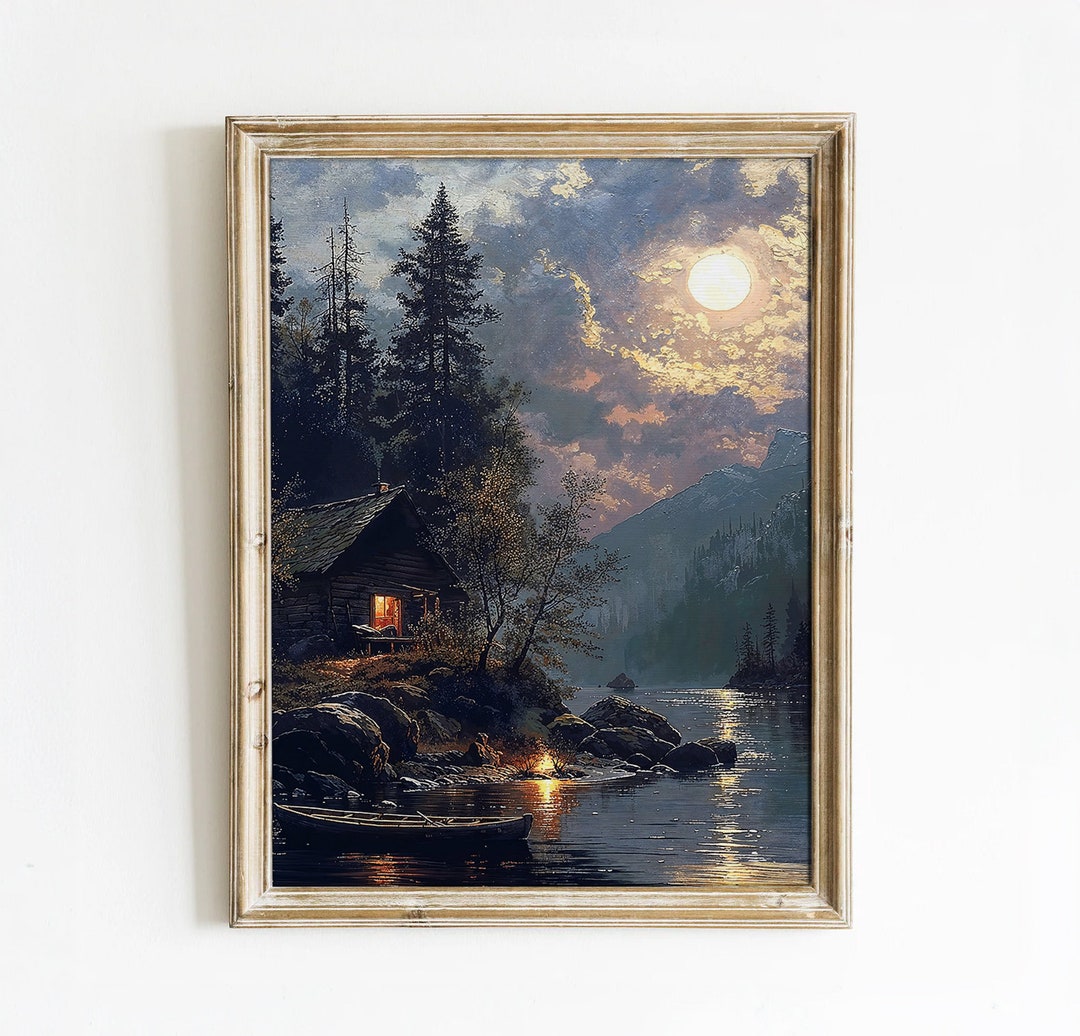 Moonlit Cabin by the Lake Digital Art Print | Tranquil Wilderness Scene ...