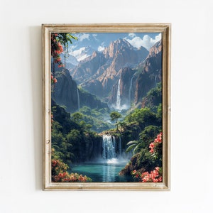 Majestic Mountain Waterfall Digital Art Print | Tranquil Nature Scene | Scenic Landscape Printable | Instant Download Home Decor