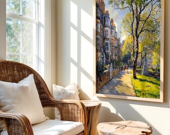 European City Park Print, Sunny Street Wall Art, Historic Townhouse Digital Download, Urban Walkway Painting, Printable Landscape Decor