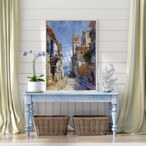 Italian Village Street Wall Art, Mediterranean Town Watercolor Print, Rustic Architecture Artwork, European Travel Decor Printable
