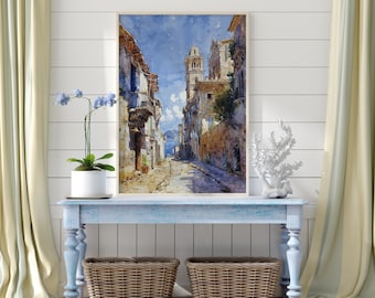 Italian Village Street Wall Art, Mediterranean Town Watercolor Print, Rustic Architecture Artwork, European Travel Decor Printable