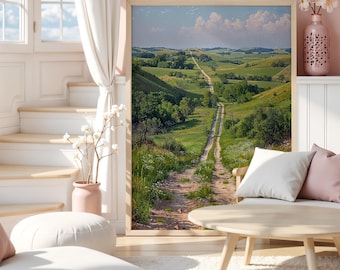 Impression paysage route de campagne, art mural champ rural, téléchargement numérique chemin panoramique, décoration ferme nature, art imprimable Rolling Hills