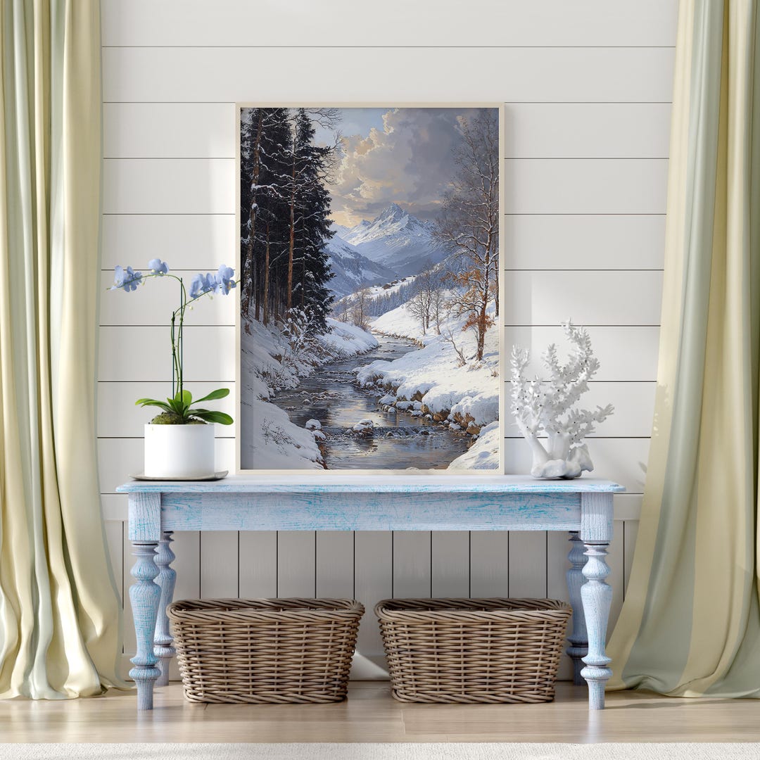 Snowy Mountain Stream Printable, Alpine Winter Landscape Wall Art ...