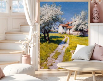 Spring Countryside Wall Art, Rustic Farmhouse Landscape Print, Blooming Orchard Path Decor, Floral Field Digital Download