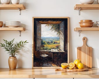 Rustic Window View Wall Art, Countryside Landscape Printable, Farmhouse Decor, Cozy Vintage Room Scene, French Country Digital Print