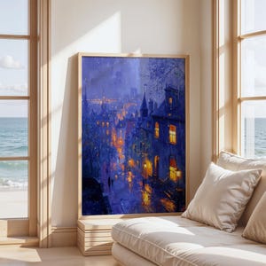 Rainy Night City Wall Art, Blue and Orange Street Scene Print, Cozy Window Lights, Moody Urban Landscape, Digital Painting, Printable Decor