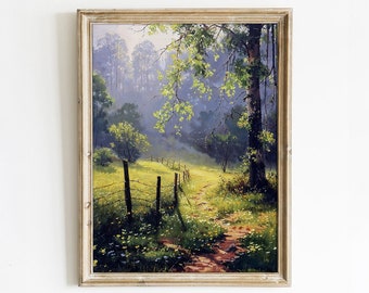 Misty Morning Meadow Path | Peaceful Nature Landscape Digital Art Print | Countryside Cottage Wall Art Decor
