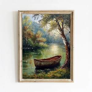 Serene Boat on a Tranquil Lake - Peaceful Nature Digital Art Print | Art Academi Wall Art | Instant Download