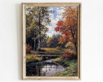 Autumn Bridge Over Tranquil Stream - Peaceful Nature Digital Art Print | Art Academi Wall Art | Instant Download
