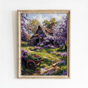 咲き誇るラベンダーと新鮮な農産物のある素朴なコテージ - 田舎の印刷可能なアート | Art Academi
