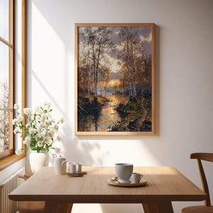 Golden Forest River Wall Art, Autumn Trees Landscape Printable, Fall Nature Scene, Rustic Home Decor, Digital Download Art Print