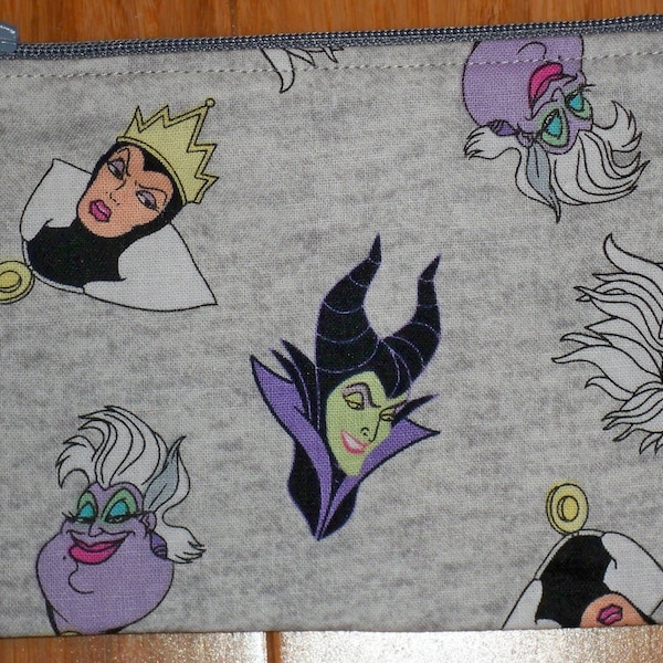 Large Coin Purse, 4" x 6", Zipper w/Charm Pull, Your Choice, Lightly Padded, Washable, Disney Inspired Prints, Villans