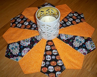 22&quot; Table Topper In Sugar Skulls and Orange fabric, Quilted, Halloween!  dia de los Muertos!