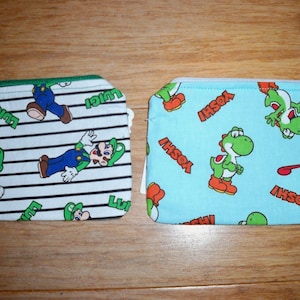 Large Coin Purse, 4" x 6", Zipper w/Charm Pull, Your Choice, Lightly Padded, Washable, Mario Brothers Game Inspired, Luigi, Yoshi