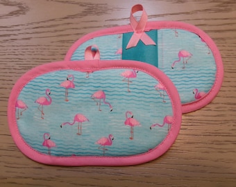 Fingertip Oven Mitts, Potholders, Pot Pinchers, Insul-Brite Lined for Heat Resistance, Homemade, Kitchen Deco, Flamingos on Turquoise