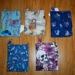 Mini Wallet for Small Purses or hang on Key Chain, 4 1/4" x 3 1/4" Closed, Card Pockets, Coin Zip, Butterflies, Skulls, Steam Punk, Seahorse