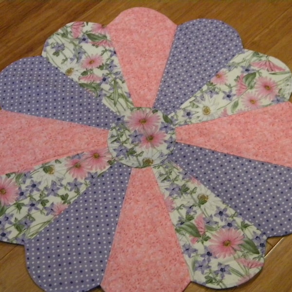 22" Table Topper, Center Piece, Quilted, Scalloped, Spring/Easter, Pastel Colors. Pink, Purple and cream, Flowers