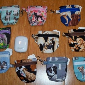 Air Pod, Earbud, Corded or Cordless Ear Bud Holder, Fits Charging Case, Clip on Purse, Belt loop, Dog Breeds, Pug, Lab, Border Collie, Shih