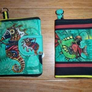 Mini Wallet for Small Purses or hang on Key Chain, 4 1/4" x 3 1/4" Closed, Card Pockets, Coin Zip, Steam Punk Sea Life, Octopus, Sea Horse +