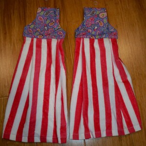 Oven Towel 2 Pc. Set with Snap Tab Flap on top, Pink and White Stripe w/ Paisley Pictures on Purple.