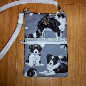 Cell Phone Purse, Cross body or Shoulder, Adjustable, 4 Pockets, Perfect for Shopping or Travel, Border Collies on Gray w/White