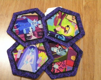 Set of 4 Fabric Coasters, Cotton Fabric and Batting, Haunted Mansion Inspired with Purple Wallpaper Print background, Hexagon, 4&quot; across