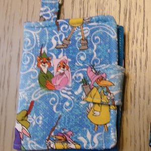 Mini Wallet for Small Purses or hang on Key Chain, 4 1/4" x 3 1/4" Closed, Card Pockets, Coin Zip, Disney inspired Lilo Stitch, Robin Hood