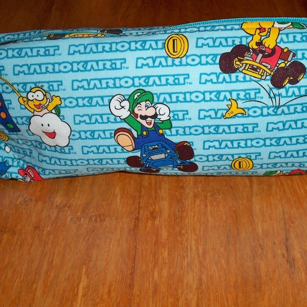 Large Boxy Pouch, Holds Nintendo Switch, Game Fabric, 9" x 4" x 2" MarioKart Fabric in Light and Med Teal