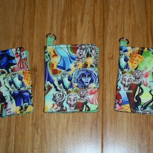 Mini Wallet for Small Purses or hang on Key Chain, 4 1/4" x 3 1/4" Closed, Card Pockets, Coin Zip, Disney's Haunted Mansion!