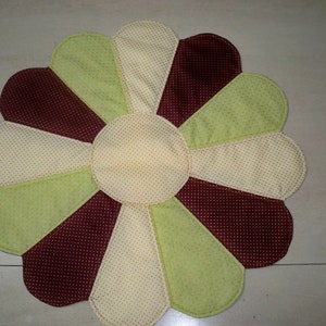 Table Topper, Center Piece, Scalloped Burgundy, Cream and Light Green w/Metallic Dots