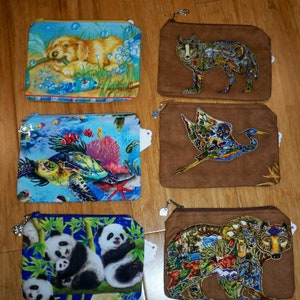 Large Coin Purse, 4&quot; x 6&quot;, Zipper w/Charm Pull, Your Choice, Lightly Padded, Washable, Animals, Pandas, Dog, Bear, Turtle