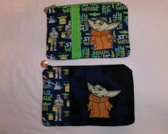 Handmade Color Block Flat Pouch, Padded, 9" x 6", Zipper, Star Wars Mandalorian Grogu, Embroidered, Unique!