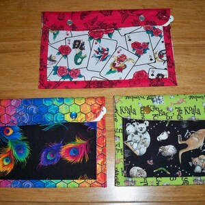 3 Pocket Pouch, Double Snap, 2 in 1 Pouch, Peacock Feathers, Australian Animals, Tattoo's on Playing Cards